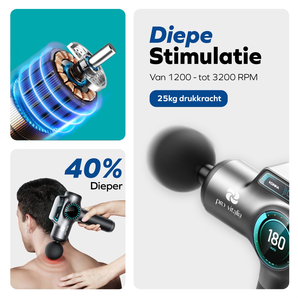 Afbeelding 3 van Massage Gun Professioneel met 8 Opzetstukken - Hoge kwaliteit - Stil én Krachtig - Ergonomisch Ontwerp - pijnverlichting - sporters - ontspannen - relax - massage