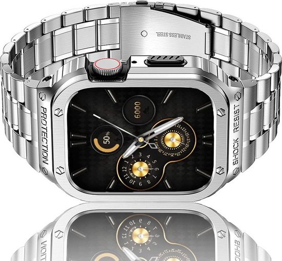 Stalen bandje met volledige case - RVS - geschikt voor Apple Watch series 7/8/9 met case size 45 mm - zilver