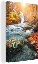 Canvas schilderij - Canvas natuur - Waterval - Herfst - Bomen - Zon - Canvas doek - 80x120 cm - Schilderijen op canvas - Muurdecoratie - Woonkamer