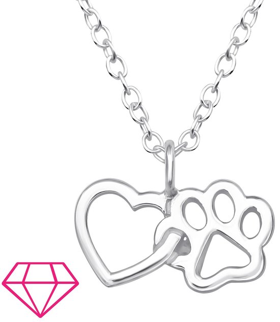 Joy|S - Zilveren hartje met dierenpoot hanger - inclusief ketting 39 cm met extra oogje op 36 cm - kat hond poot afdruk - voor kinderen