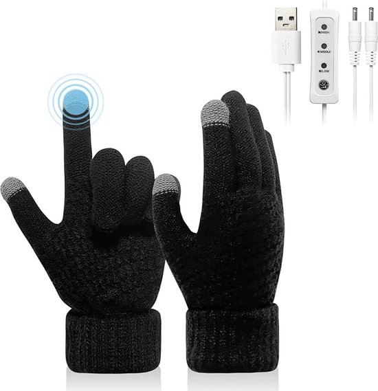 EDMONDO USB Verwarmde Handschoenen - 2 Heat Elementen: Onder & Boven - Mannen & Vrouwen - Volledige Vinger Gebreide Verwarmingshandschoenen - Verstelbare Temperatuur - Verwarming Wanten Handen Warmer Wasbaar Winter Cadeau - Kleur ZWART