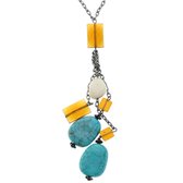 Behave Lange dubbele zilverkleurige ketting met turquoise en bruine kralen en lange hanger