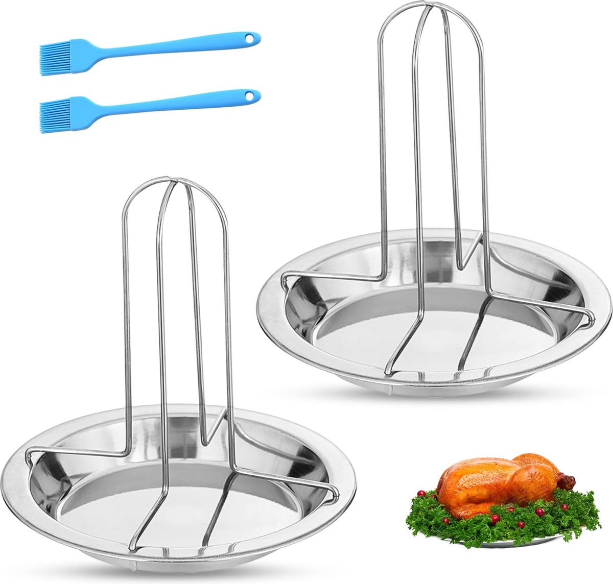 Pack of 2 Chicken Stands, Vertical Chicken Roaster Grill 304 Stainless Steel with 2 Pieces Oil Brush Kitchen for Oven Grill Camping Outdoor Cooking Utensils - Merkloos