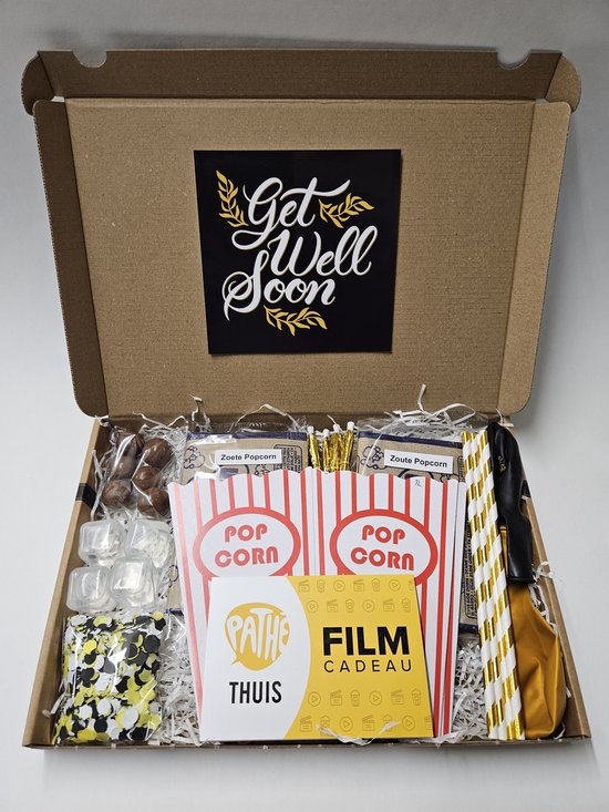 Foto: Film pret pakket get well soon met filmcadeaubon mystery card met persoonlijke videoboodschap en vele film feestartikelen verjaardag jubileum zomaar