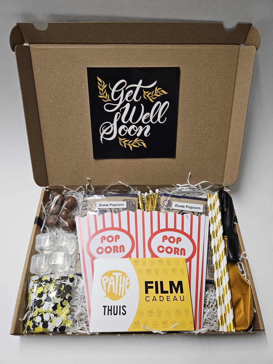 Film Pret Pakket - Get Well Soon met filmcadeaubon, mystery card met persoonlijke (video)boodschap en vele film-feestartikelen | Verjaardag | Jubileum | Zomaar
