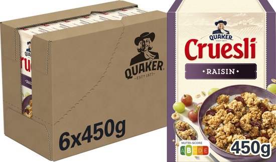 Foto: Quaker cruesli rozijn hazelnoot ontbijtgranen 6 x 450 gram