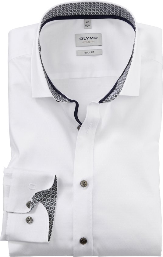OLYMP Level 5 body fit overhemd - satijnbinding - wit dessin - Strijkvriendelijk - Boordmaat: