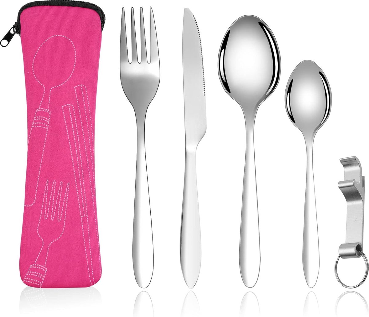 ABOHU Campingbestek met etui, 3 stuks roestvrij stalen reisbestekset, met lepel, mes en vork, campingbestek voor onderweg, reizen, werk, school