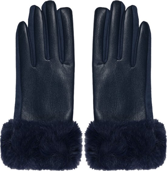Donker Blauwe Faux Leren Handschoenen Fuffy - Winterhandschoenen - Herfst/Winter - Dames - Navy- Donkerblauw
