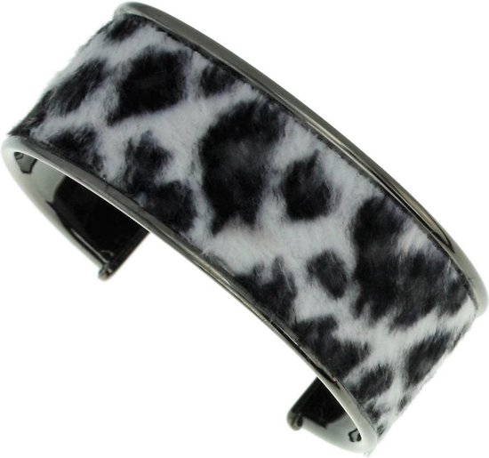 Behave Antraciet glanzend metalen klemarmband met harige stof inleg in zwart witte luipaard - tijgerprint