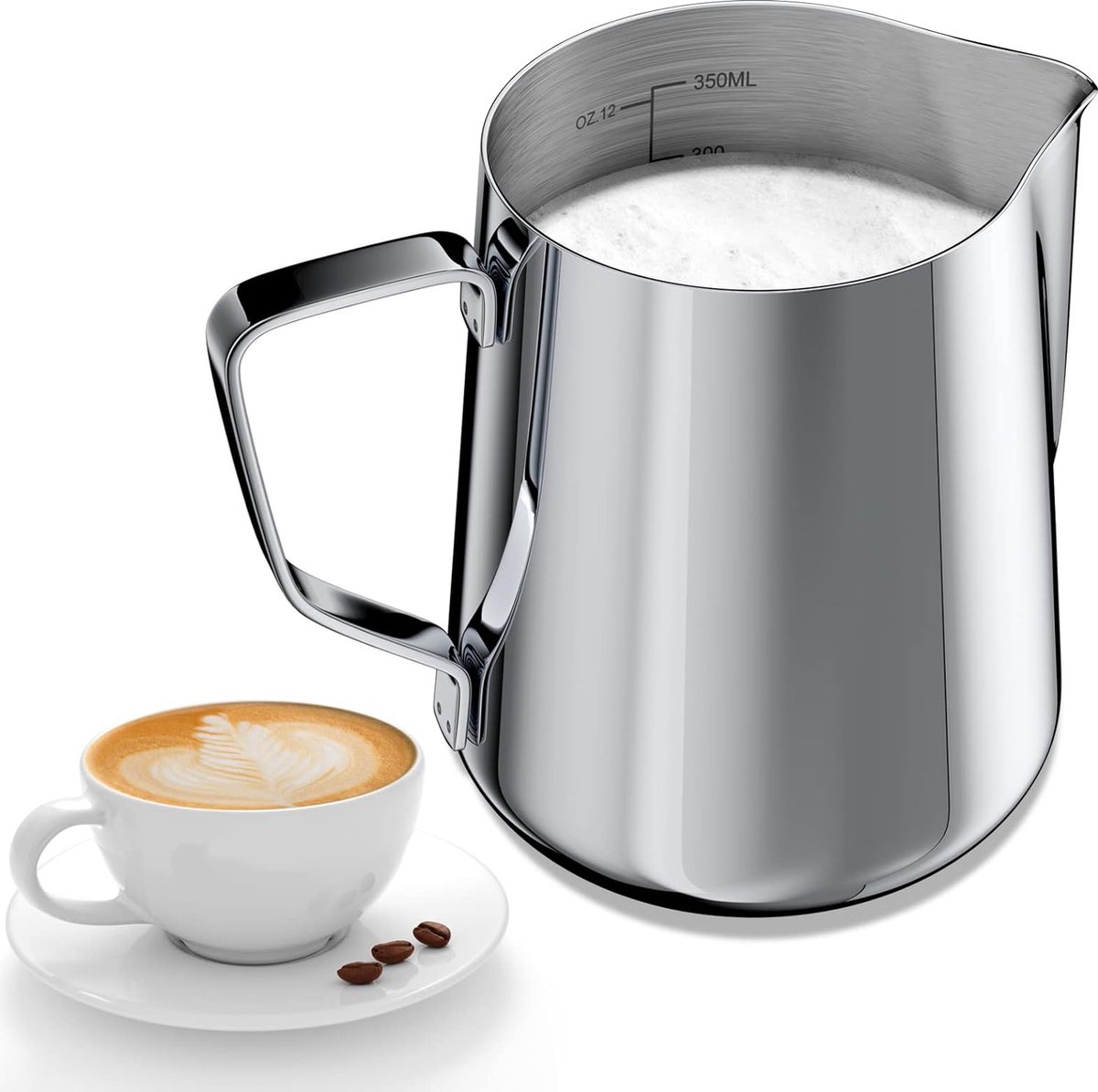 350 ml melkkannetje voor het opschuimen van melk 304 roestvrij staal melkkan met meting markering 12 oz voor barista melkpitcher voor cappuccino latte kunst espresso perfect voor koffiezeef zilver