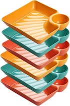Chip Dip Plates, Pack of 6, Plastic Divided Serving Tray, Snack Dumpling Plate, Spice Bowl for Dip Appetizers, Snacks, Vegetable Chips