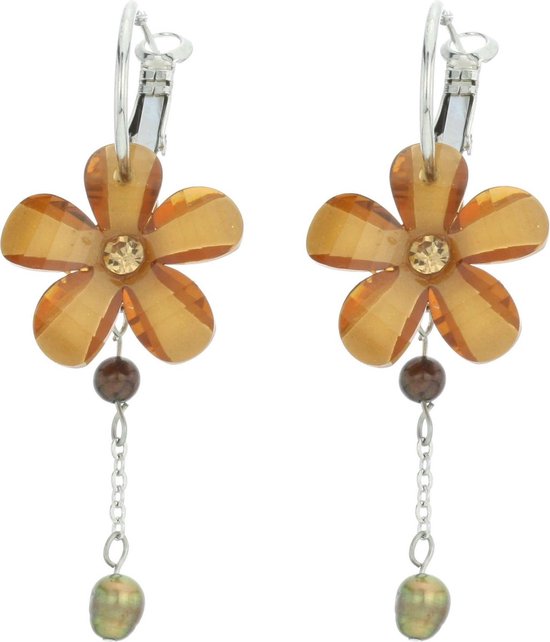 Behave Oorbellen - oorringen met bloemen hanger - bruin - 5.5cm