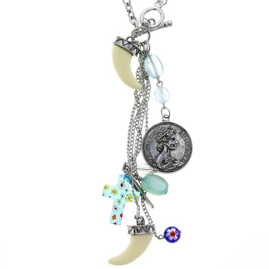 Behave Lange zilver-kleurige ketting met munt, tand, kruisje en blauwe kralen