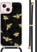 Casimoda® hoesje met zwart koord - Geschikt voor iPhone 13 - Bee Happy - Afneembaar koord - TPU/acryl - Zwart