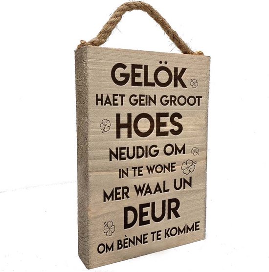 Limburgs tekstplankje “Gelök” | Lasergravure in steigerhout | Origineel Limburgs cadeau | Voor binnen en buiten | Met stoer ophangkoord