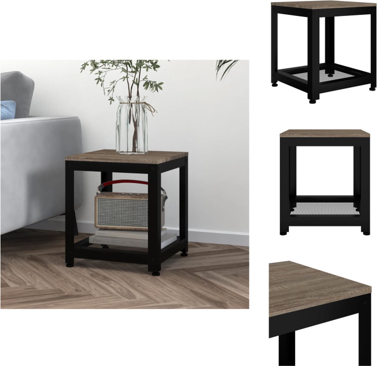 VidaXL Bijzettafel Grijs Zwart 40x40x45 cm MDF eiken fineer ijzer Montage vereist Tafel