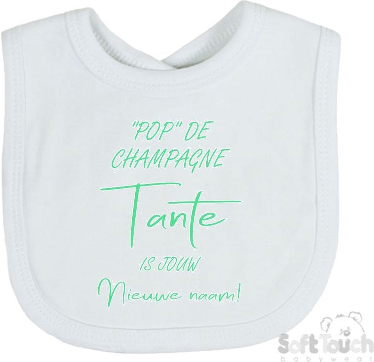 Goedkoopste Soft Touch Slabber Slabbetje Slab Pop de champagne Tante is jouw nieuwe naam! Unisex Katoen Wit/mint Maat 33x22 Cm