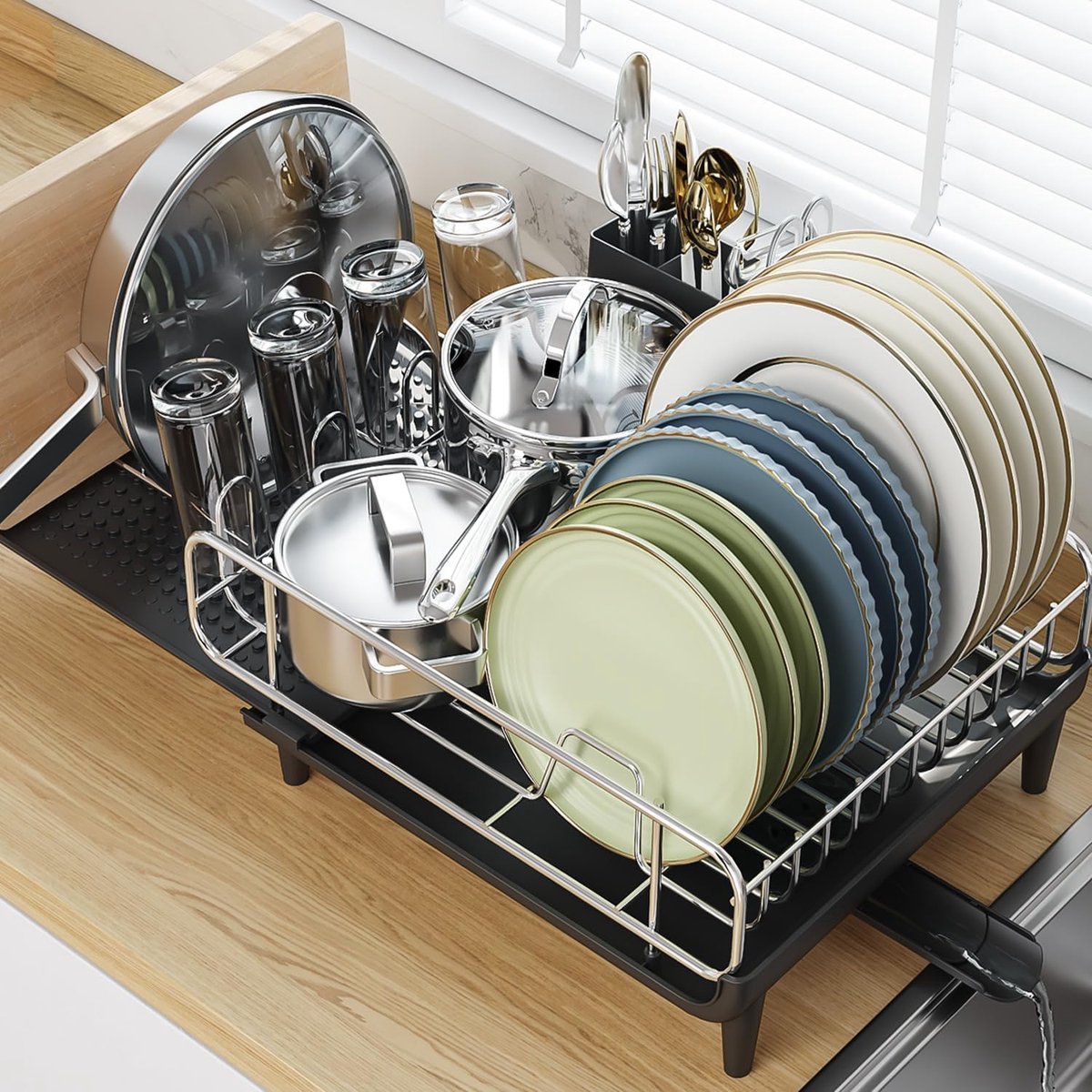 Goedkoopste Afdruiprek, uitbreidbaar serviesrek, opvouwbare roestvrijstalen afdruiprek met afneembare bestekhouder, krasbestendig plaatframe en draaibare drainageafvoer, zwart