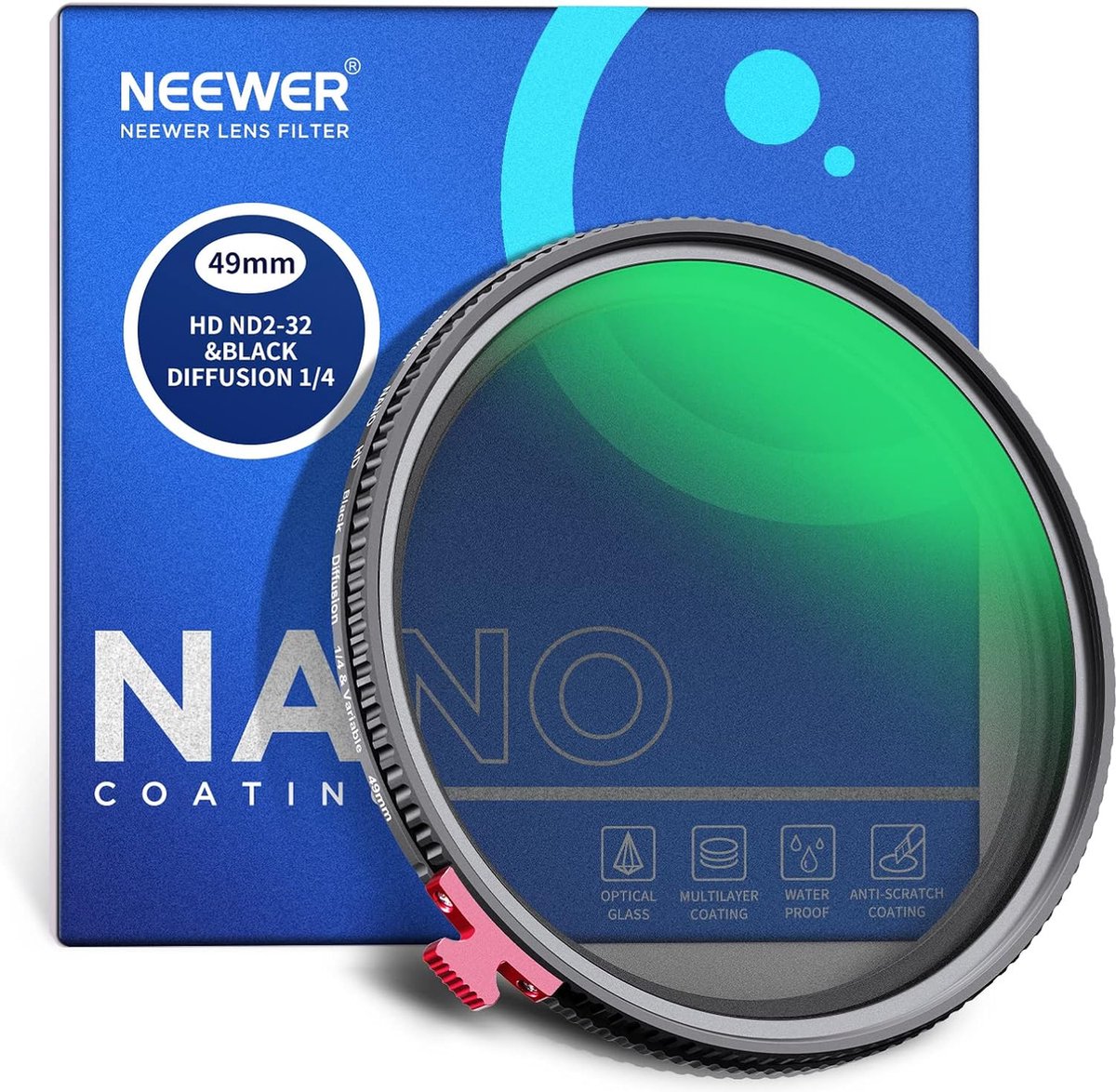 Neewer® - 49 mm Zwart Diffusiefilter 1/4 met ND2-ND32, Variabel ND-filter, 2-in-1, HD Neutrale Dichtheidsfilter met Dromerige Mist, Filmkenmerken, Waterafstotend Zonder Kruis - Creatieve Fotografie- en Filmfilters