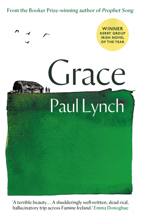 Boek "Grace" van Paul Lynch. Groen met een schuur en figuren op een heuvel. Winnaar Kerry Group Irish Novel of the Year.
