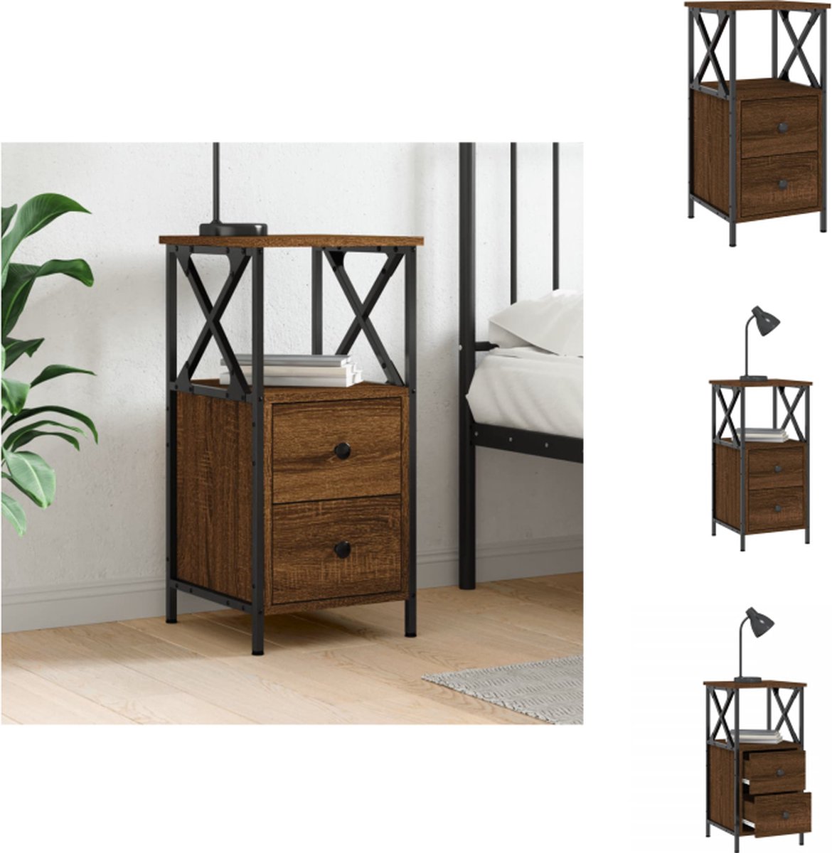 VidaXL Nachtkastje Bruineiken Hout IJzer 34x35.5x70cm Verstelbare Poten Kast