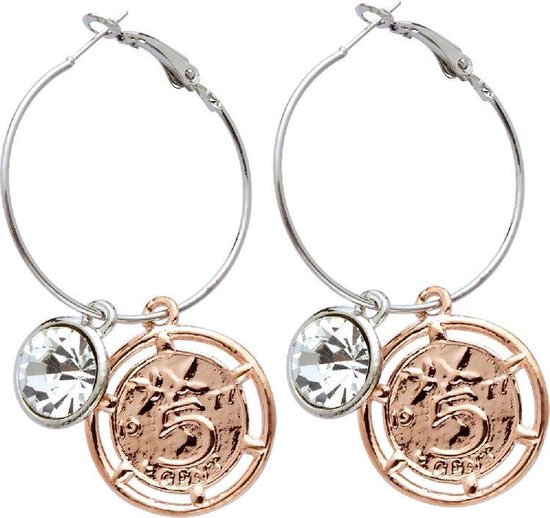 Behave Oorbellen - oorringen - dames - zilver kleur - rosé kleur - hanger - munt - steentje - 6cm