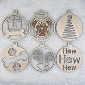 Kerstbal Mopshond - Pug - Kerstornamenten van Hout - Kerstbal Hond - Kerstdecoratie 6 stuks