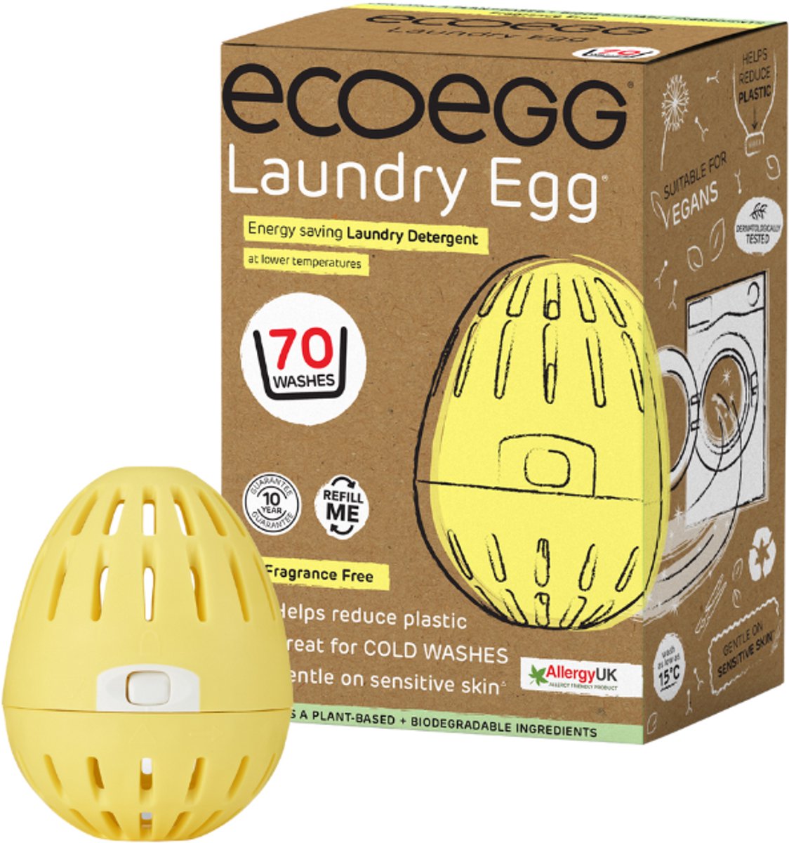EcoEgg Was ei – Geurvrij - Wasparels – Navulbaar – Voor de witte en lichte was - Geschikt voor de gevoelige huid – Dermatologisch getest - 70 wasbeurten - Geel
