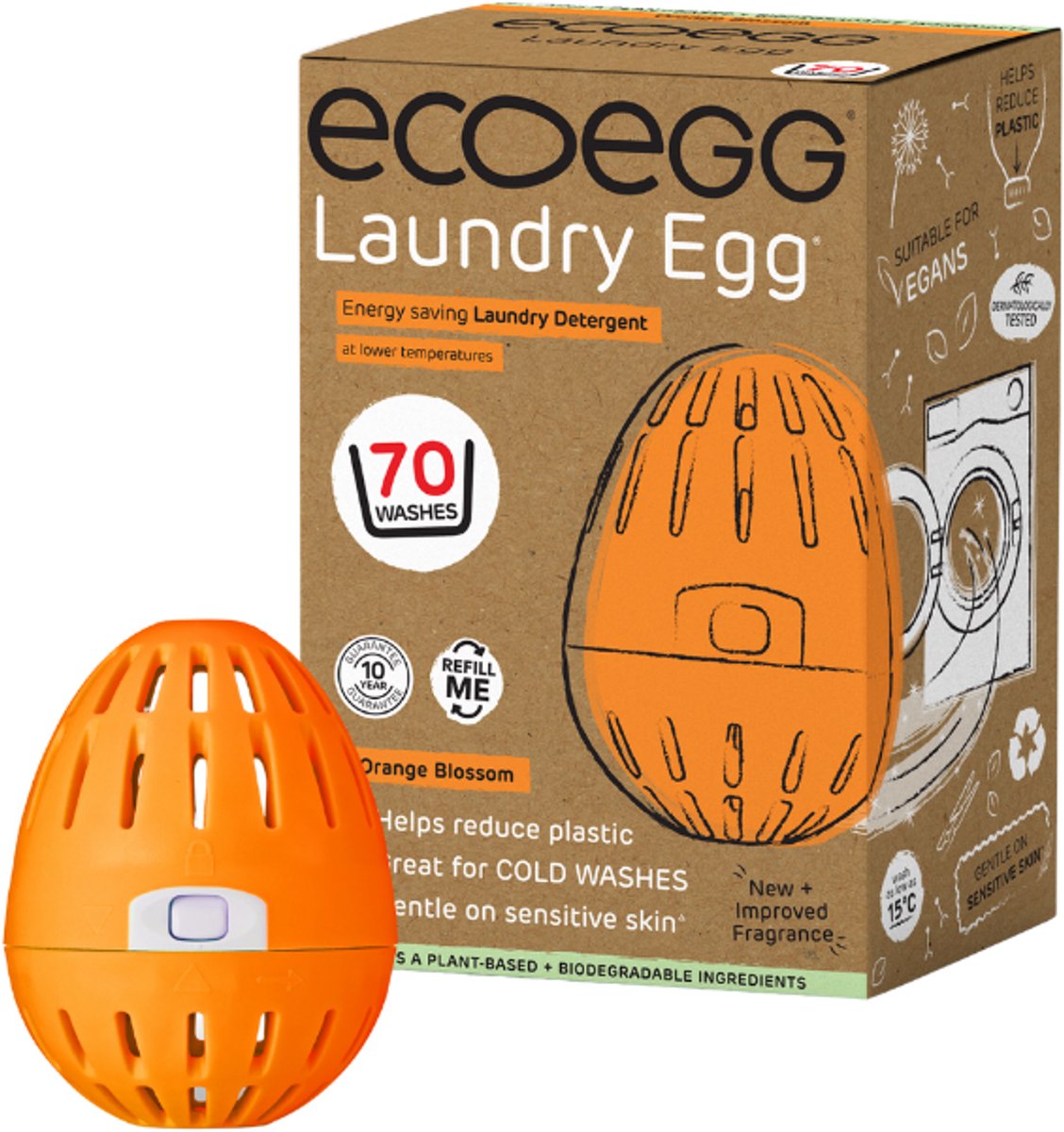 EcoEgg Was ei – Oranjebloesem - Wasparels – Navulbaar – Geschikt voor de gevoelige huid – Dermatologisch getest - 70 wasbeurten - Oranje