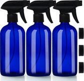 Belle Vous Navulbare Lege Blauw Glazen Spray/Verstuiver Flessen (3 Pak) - 500 ml Duurzame Pistoolspuit Fles Container Set - 2 Standen voor Schoonmaak Producten, Aromatherapie & Essentiële Olies