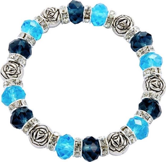 Behave Elastische armband metaal met blauwe facet kralen