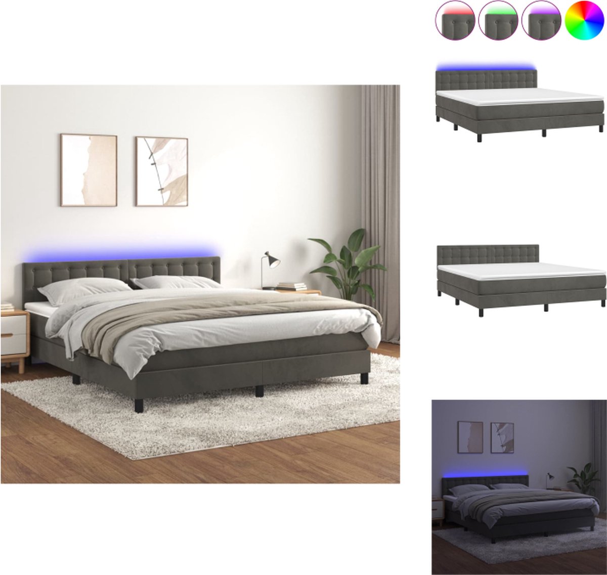 VidaXL Boxspring Bed Fluweel LED Pocketvering Huidvriendelijk Donkergrijs 203x160x78 88 cm Bed