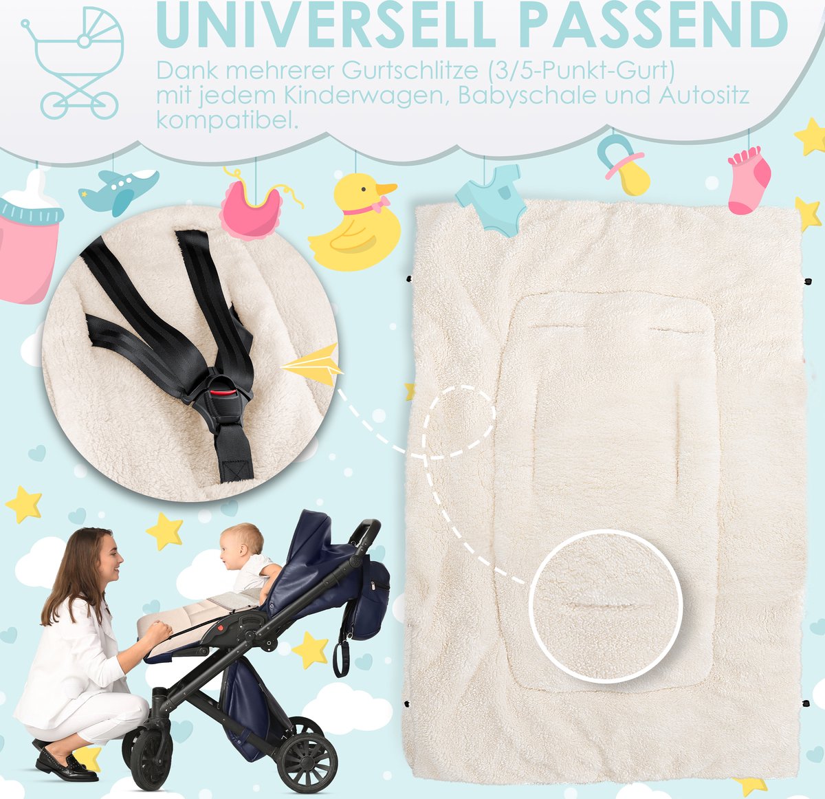KIDIZ® Voetenzak voor Autostoeltje en Buggy met Ritssluiting - Baby Slaapzak Deken voor Maxi-Cosi & Wandelwagen / Kinderwagen - Beige – foto 8
