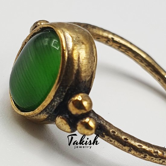 Belle Ring en pierre d’oeil de chat verte faite à la main en Koper Puur - Taille réglable