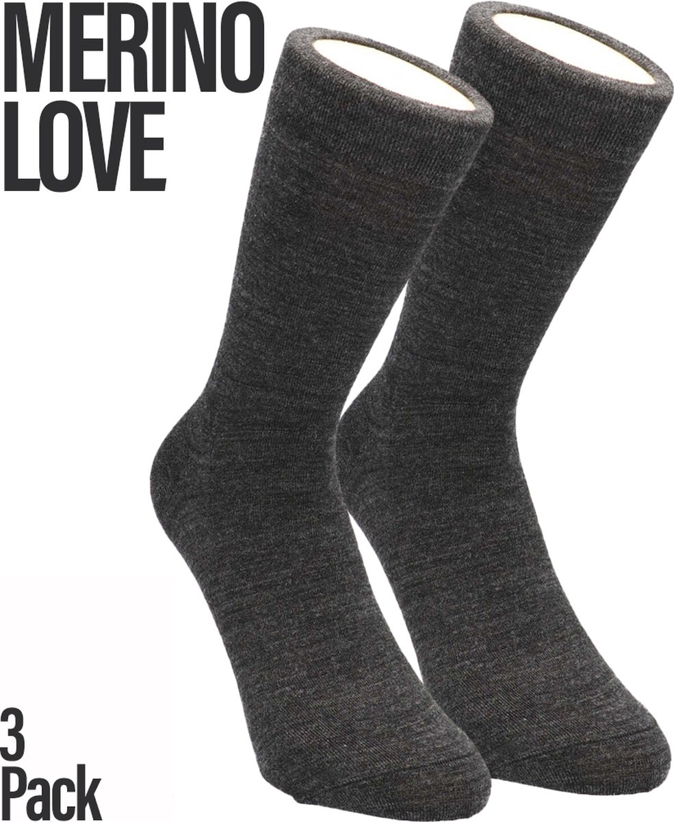 Merino Love - 3-Pack - Merino Wollen Sokken - Alledaags - Ademend - Heren / Dames - antraciet - 35-38 - 103