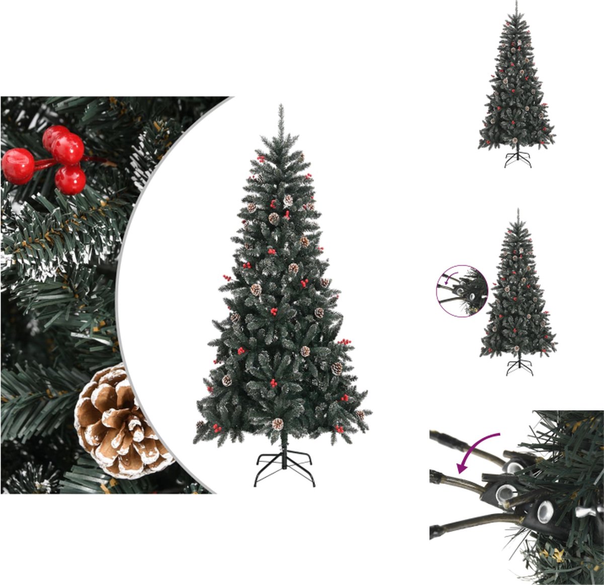 vidaXL Kunstkerstboom Deluxe - 240 cm - Met scharnierconstructie - Groen en wit - Inclusief dennenappels - besjes en kunstsneeuw - Decoratieve kerstboom
