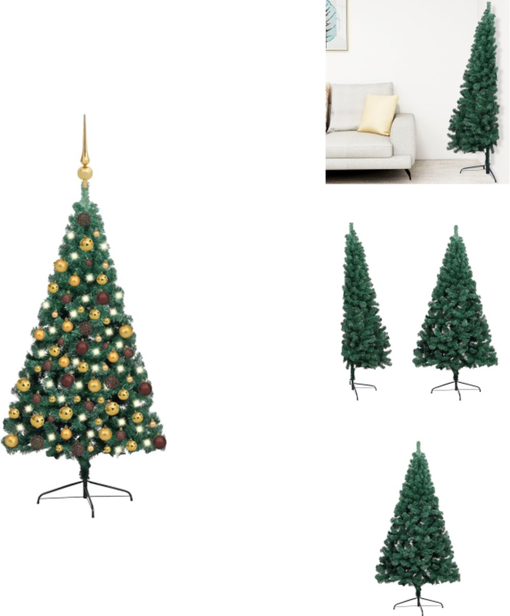 vidaXL Kunstkerstboom Halfrond - 110 cm x 55 cm - PVC - Staal - Groen - 150 LEDs - Incl - LED-lichtslinger - Piekmateriaal- Kerstballen - Goud - brons - USB-aansluiting - Decoratieve kerstboom