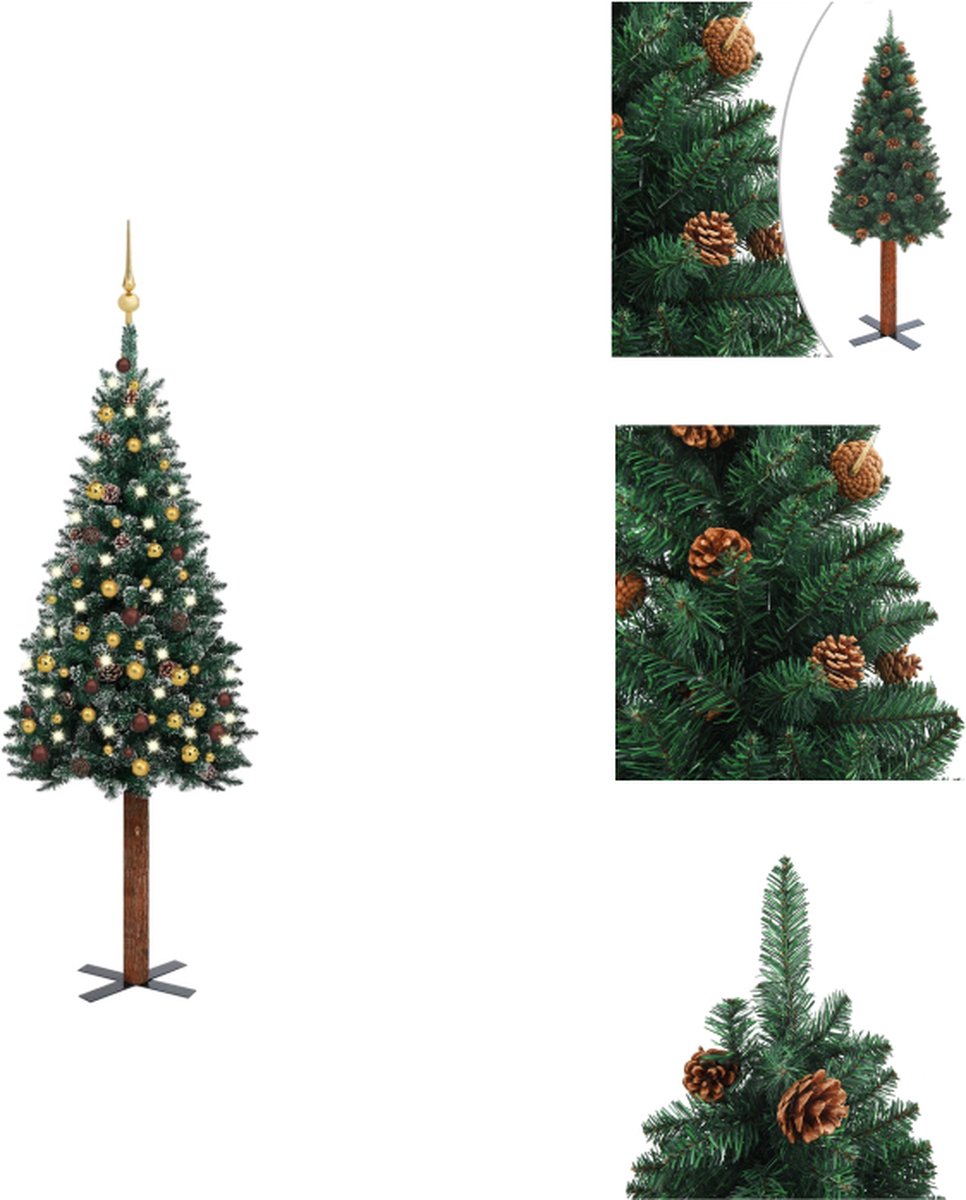 vidaXL smalle kerstboom PVC - 150 cm - met naaldtakken - dennenappels en witte sneeuw - groen - LED-verlichting - USB-aansluiting - inclusief kerstballen en piek - Decoratieve kerstboom
