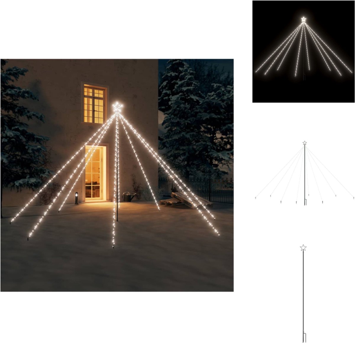 vidaXL Kerstboomverlichting Watervalontwerp - 576 LEDs - 8 Snoeren - Koudwit - 3.7 m snoerlengte - 3.6 m hoogte - IP44 - Decoratieve kerstboom