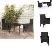 vidaXL Eethoek Rattan - 90x90x75 cm - Zwart - Tafel en stoelen met stalen frame - Inclusief kussens - Tuinset