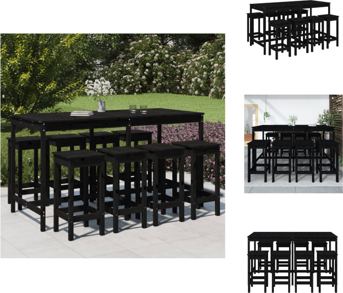 VidaXL Massief grenenhouten barset zwart bartafel 203.5 x 90 x 110 cm barkruk 40 x 40 x 78 cm draagvermogen 110 kg 1 bartafel 8 barstoelen Tuinset