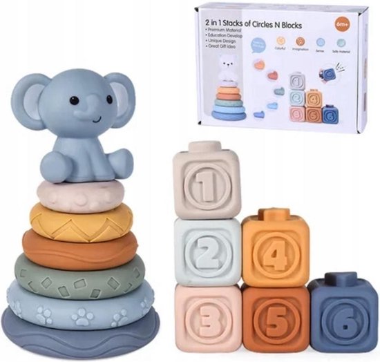 Playos® - Stapeltoren en Stapelringen - Olifant - Zachte Bouwblokken - Motoriek - Badspeelgoed - Montessori Speelgoed - Educatief Speelgoed - Bijtring - Baby Speelgoed - Kraamcadeau