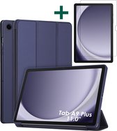 Hoes geschikt voor Samsung Galaxy Tab A9 Plus - Arara Trifold Bookcase TabletHoes met screenprotector gehard glas - Donkerblauw