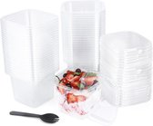 Belle Vous 50 Pack of Clear Plastic Dessert Cups and Sporks - 400ml/13.5oz Reusable Square Cups & Lids - Appetiser Serving Bowls for Parfait, Mousse, Weddings, Birthday Parties, Fruit and Pudding