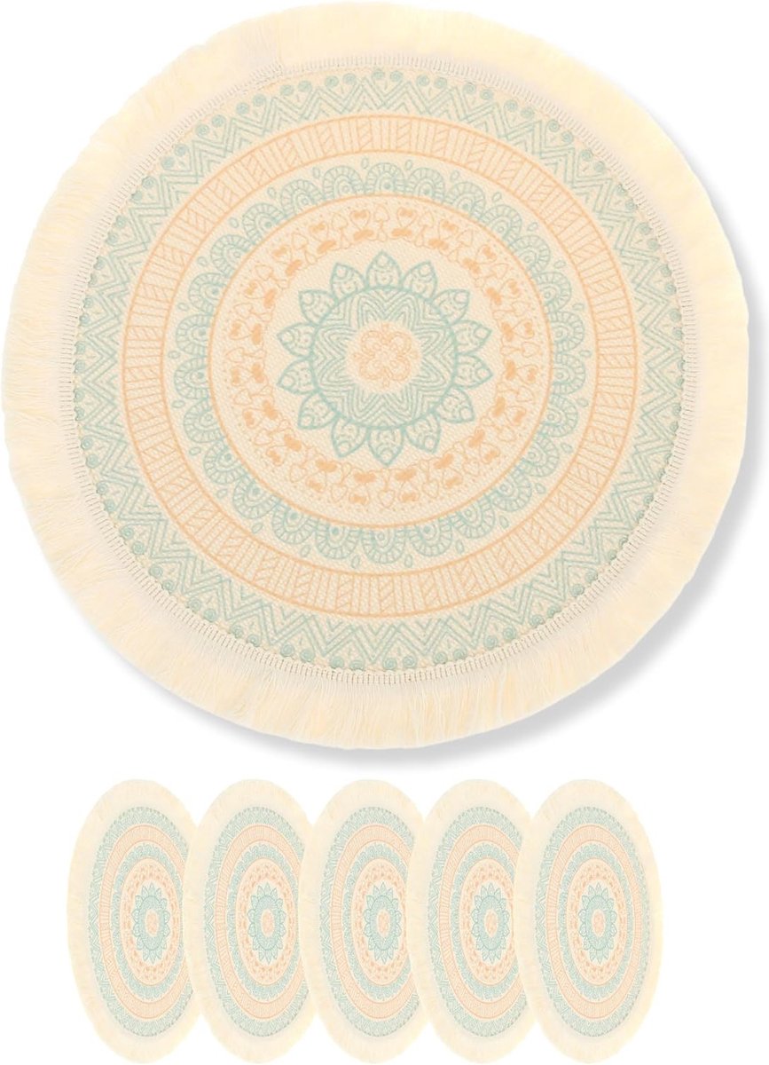 Set van 6 placemats, rond, 36 cm, boho-decoratie, stof, placemat, eettafel, blauw