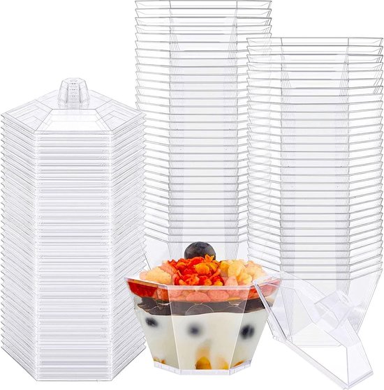 LATERN Pack of 50 Plastic Dessert Cups with Lids, 100 ml Hexagonal ...