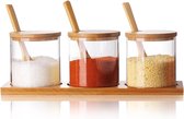 Set van 3 kruidenpotjes met lepel, deksel en pallets, kruidenstrooierset 280 ml, suiker- en zoutcontainers, glazen kruidenpotjes voor keuken en eettafel