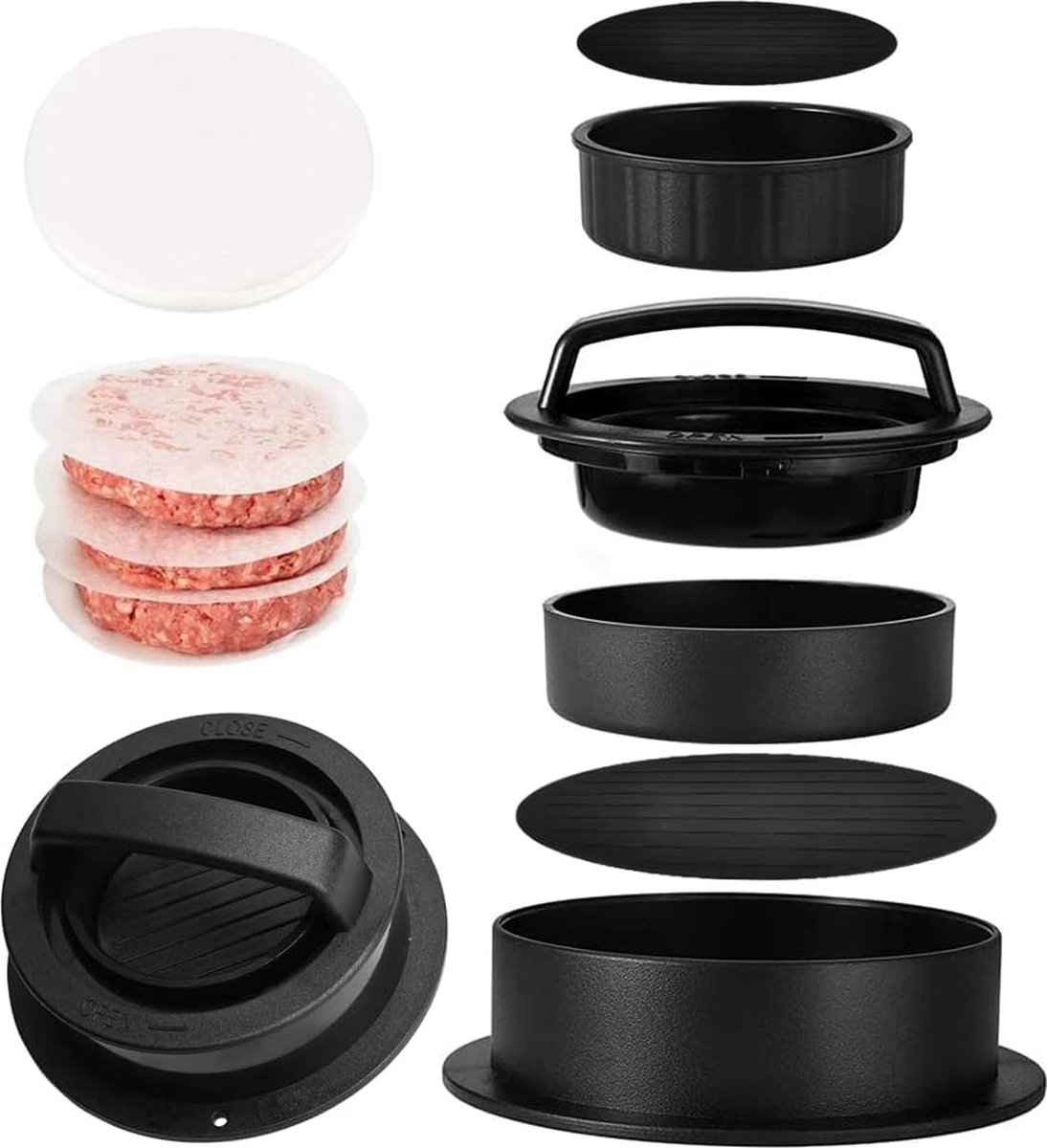 Kit Presse à Hamburger 3 En 1 - Pour Burgers, Boulettes Et Boules De Riz, Avec 100 Papiers Anti-adhésifs - En Plastique PP Sans BPA - 7