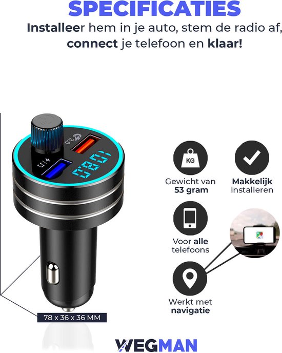 Wegman® Bluetooth FM Transmitter - Autolader - Carkit - USB Stick - Wegman